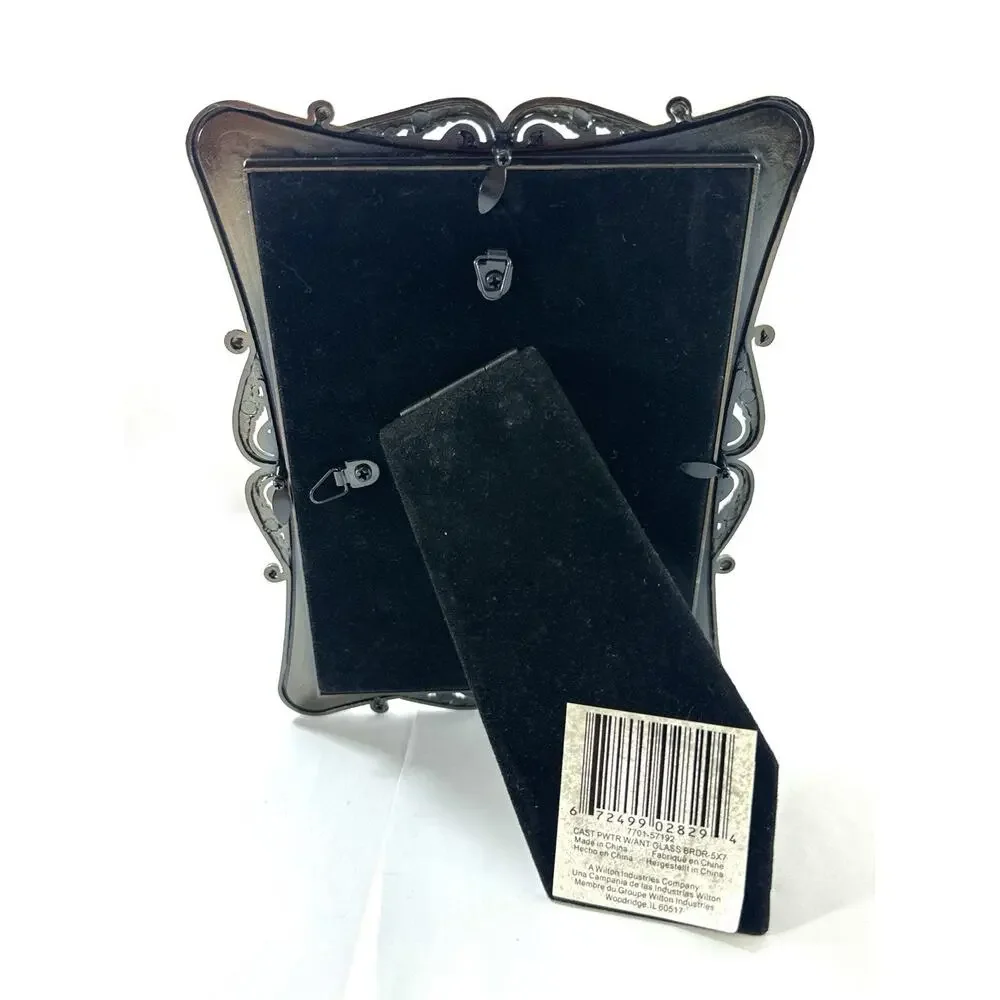 Newbury Lane Cast Pewter Picture Frame 5x7 Wood Look Inlay Ornate Scrollwork